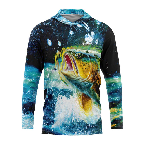 Blue Grunge Trout Hooded Fishing Shirt