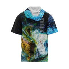 Blue Grunge Trout Short Sleeve Hooded Fishing Shirt