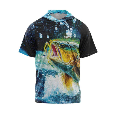 Blue Grunge Trout Short Sleeve Hooded Fishing Shirt