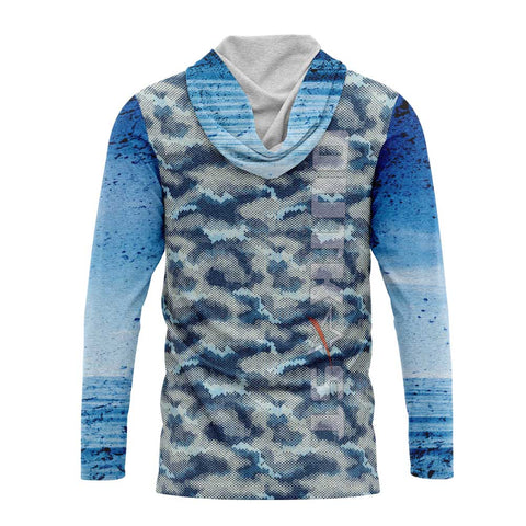 Light Blue Grunge Hex Camo Hooded Fishing Shirt