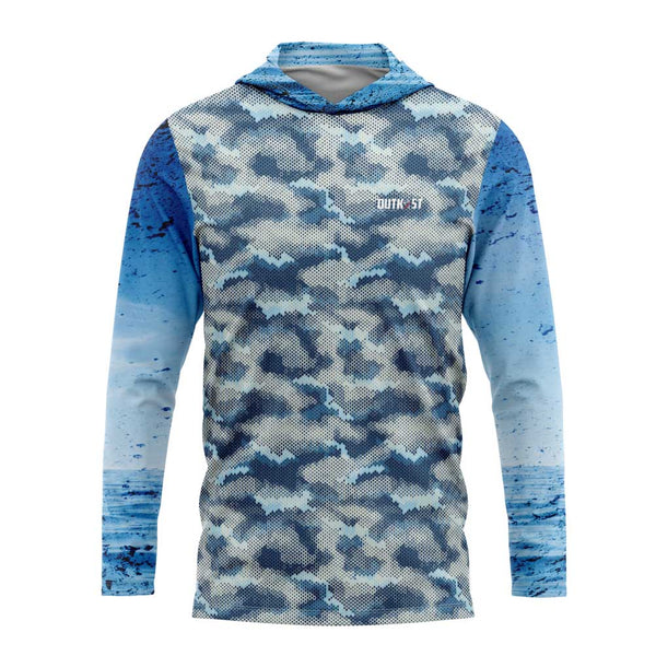 Light Blue Grunge Hex Camo Hooded Fishing Shirt