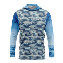 Light Blue Grunge Hex Camo Hooded Fishing Shirt