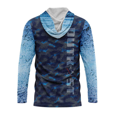 Dark Blue Grunge Hex Camo Hooded Fishing Shirt