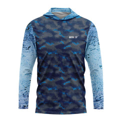 Dark Blue Grunge Hex Camo Hooded Fishing Shirt