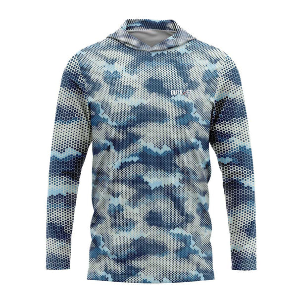 Blue Pixel Camo Hooded Fishing Shirt